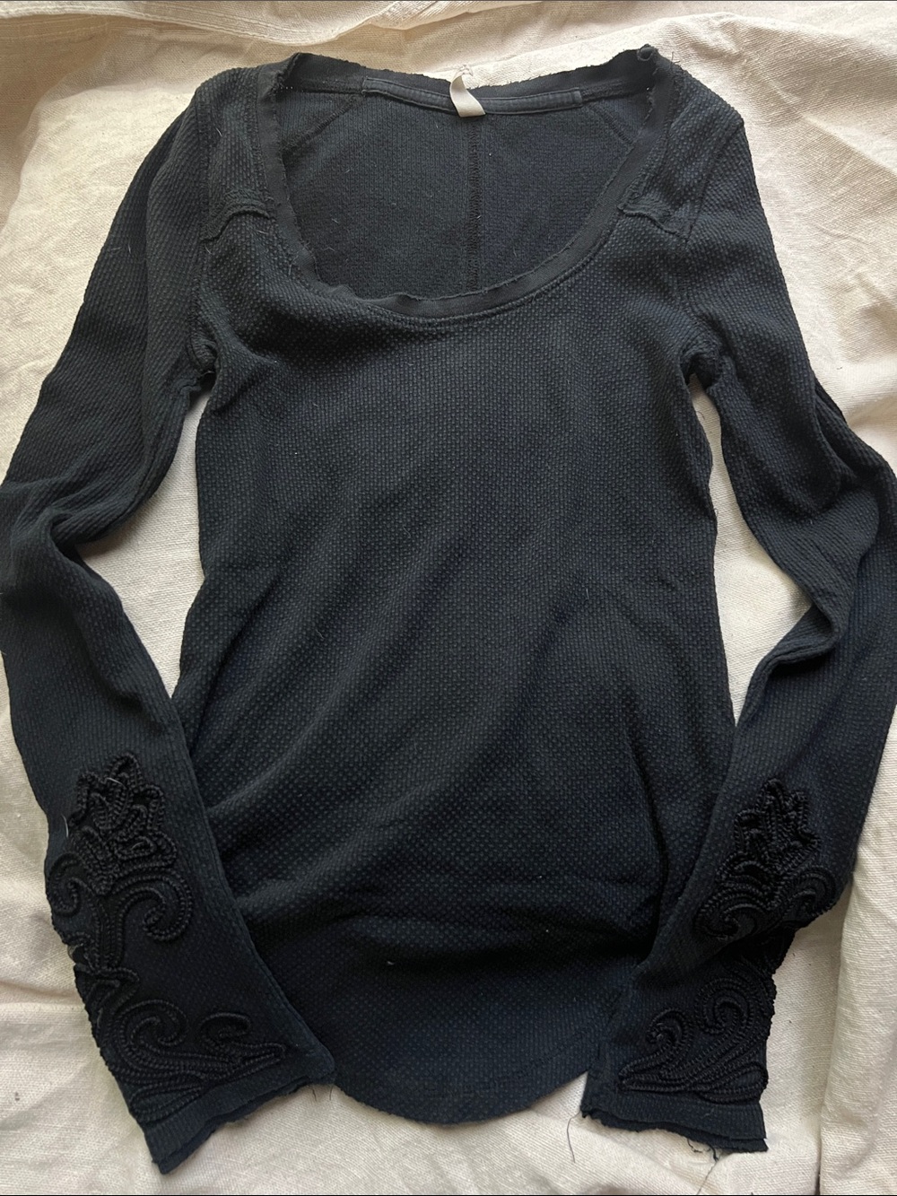 Free People Black Waffle-Knit Scoop Neck Long Sleeve Top with Embroidered Cuffs